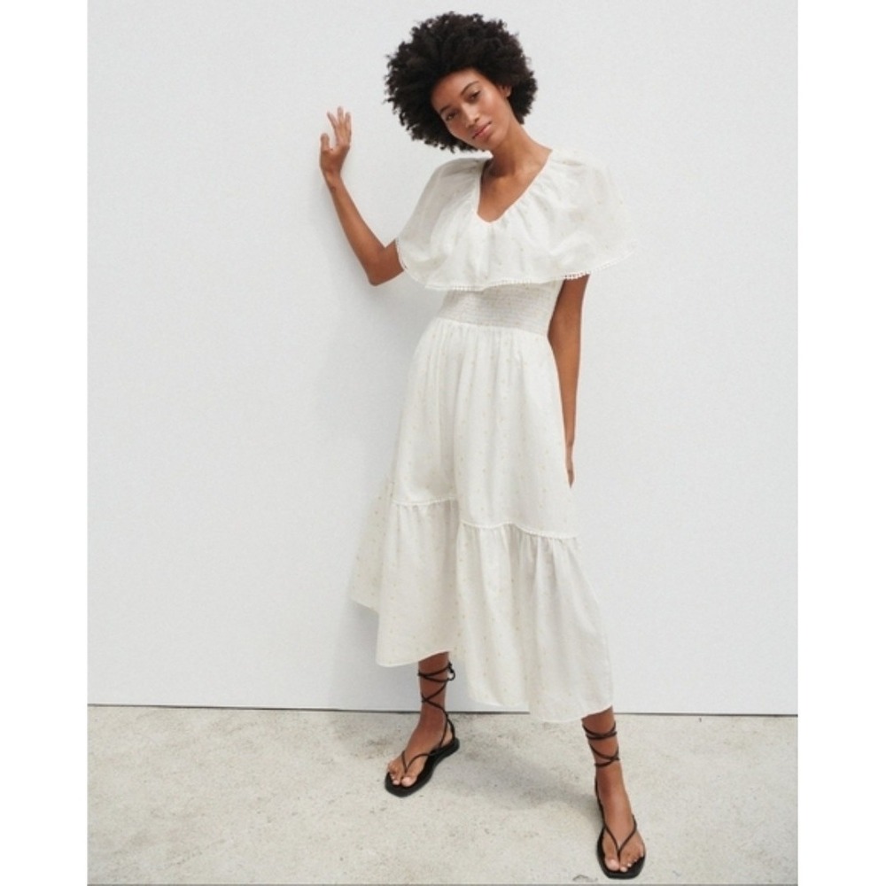 Zara White Yellow Polka Dot Midi Dress M Smocked Waist Cottagecore Cape Neckline